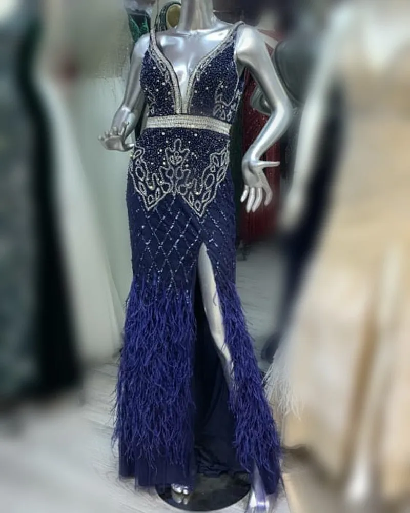 Luxury White Feathers Split Dress- Long Nude Beaded  Mermaid