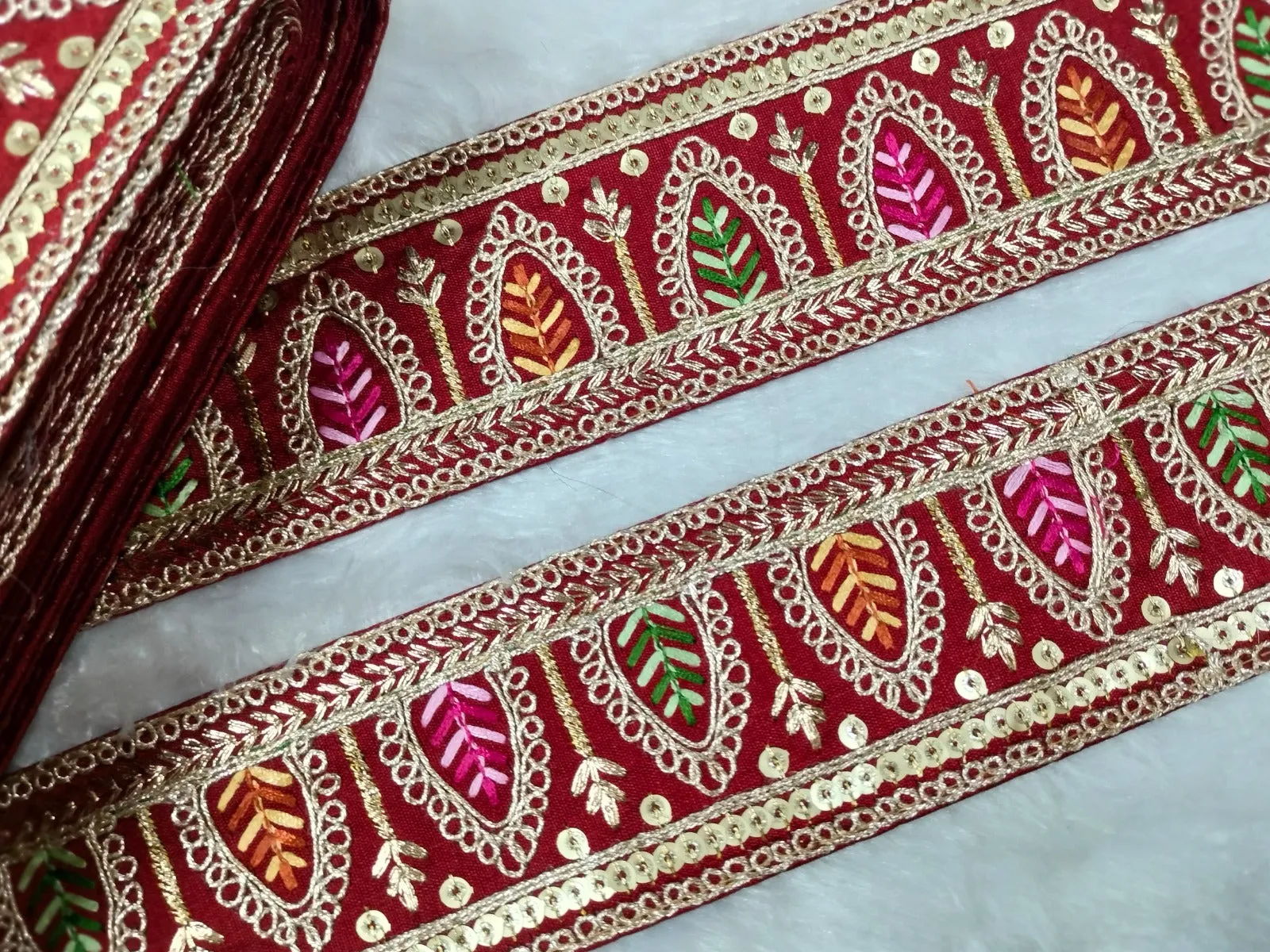 Maroon Fancy Zari Sequins Work Embellished Trim