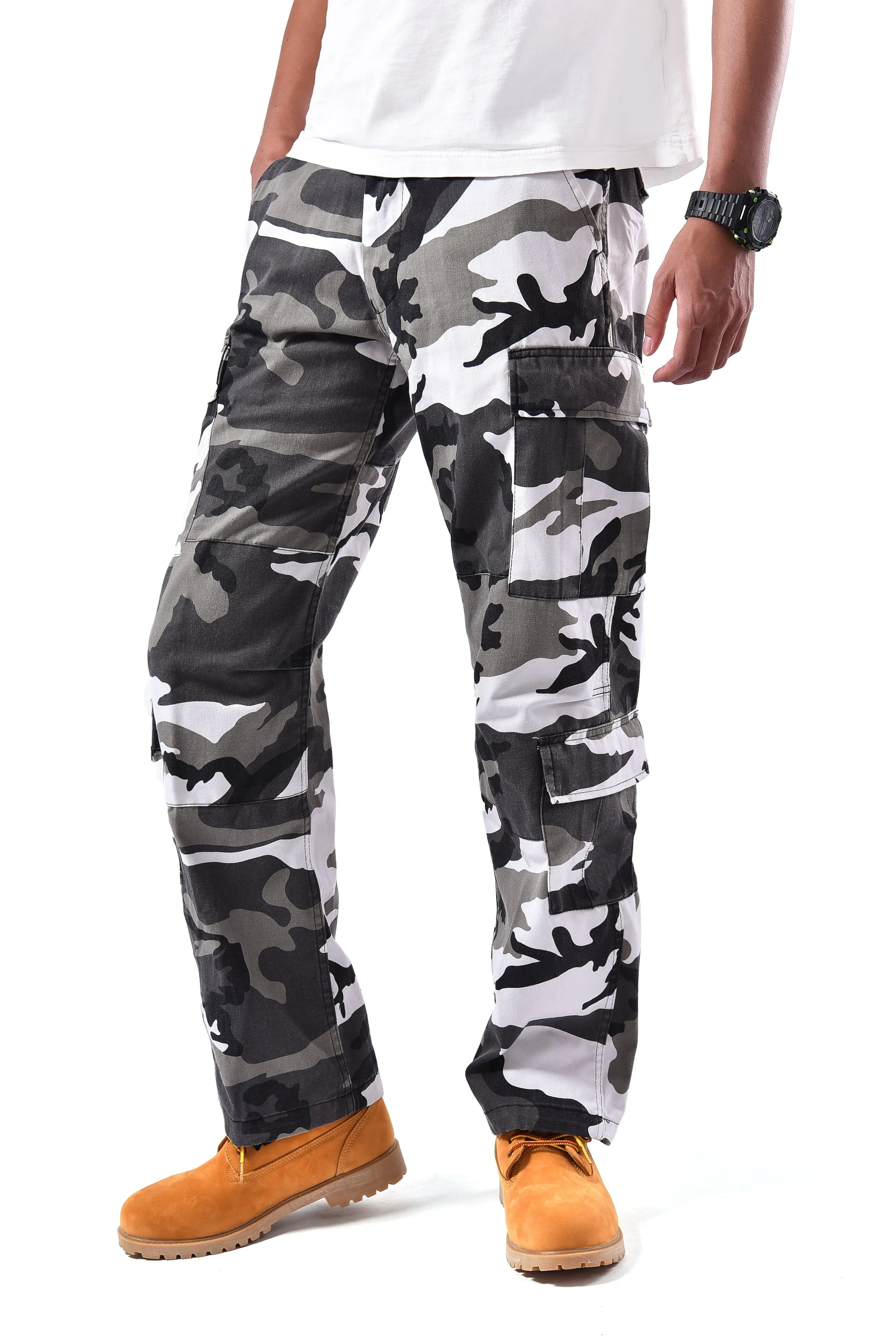 Mens Casual Paratrooper Camouflage Cargo Pants - Stone Washed