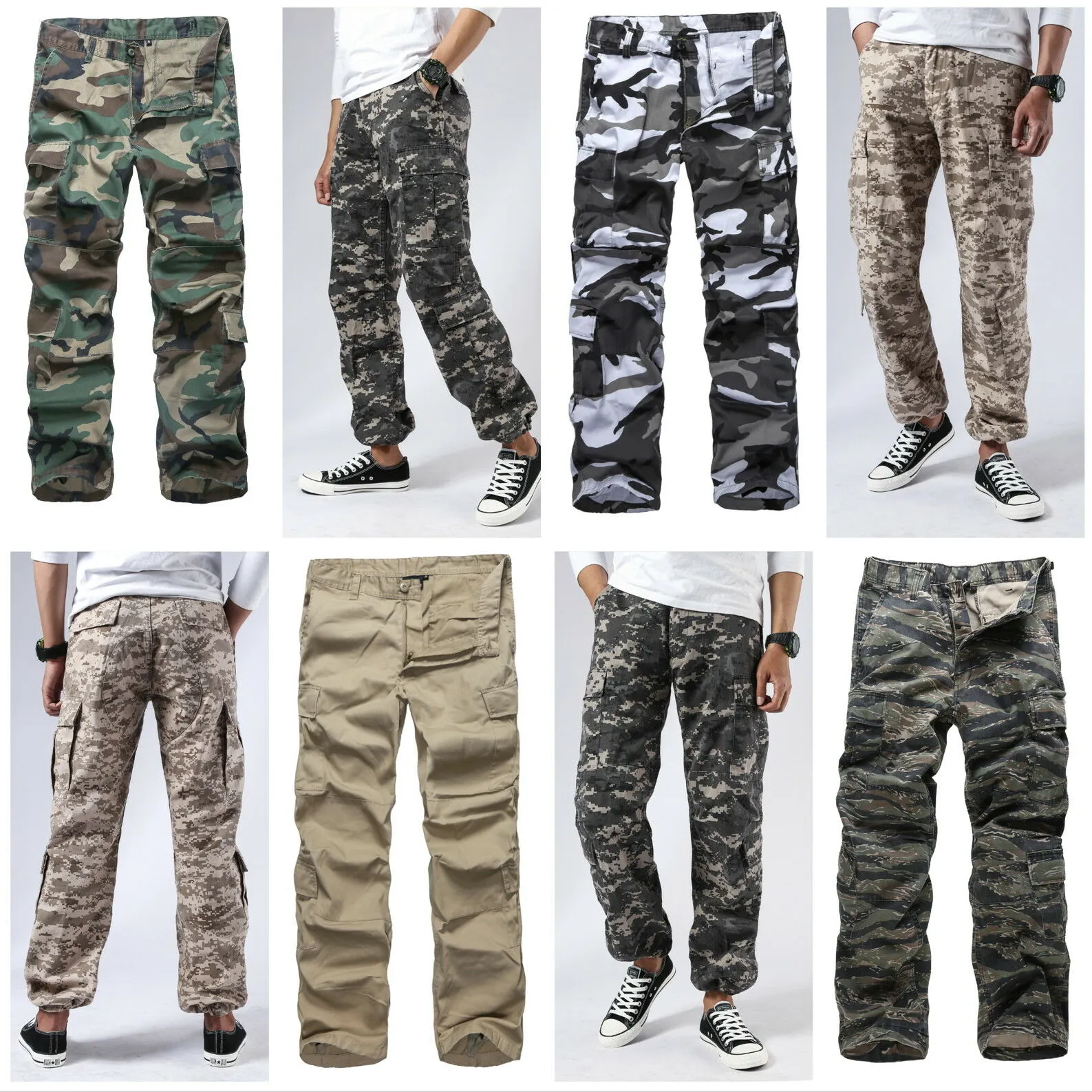 Mens Casual Paratrooper Camouflage Cargo Pants - Stone Washed