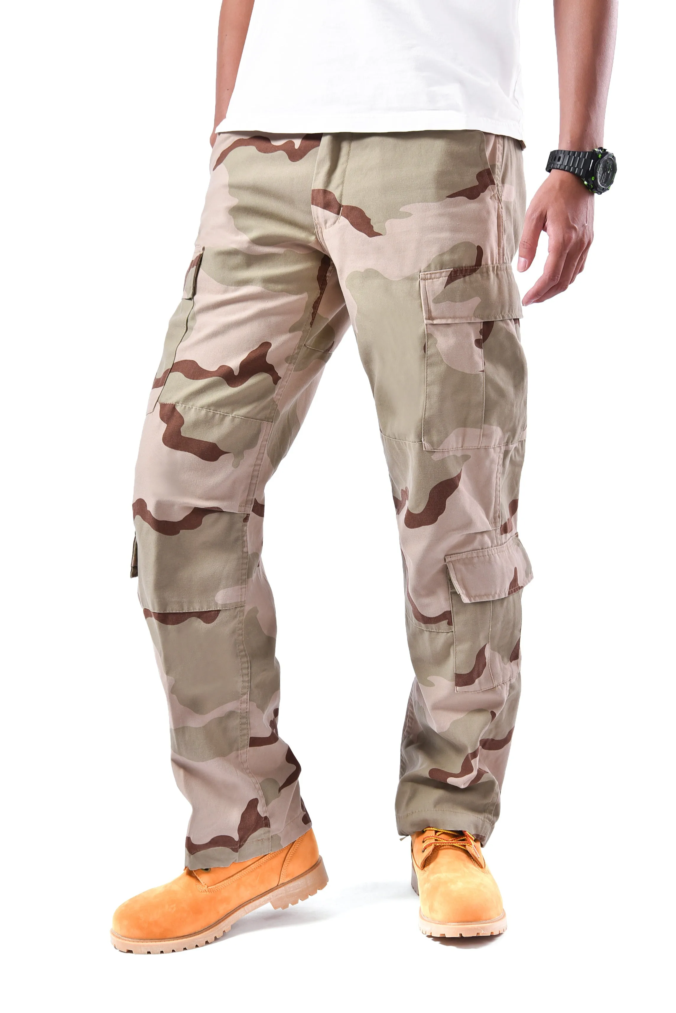 Mens Casual Paratrooper Camouflage Cargo Pants - Stone Washed