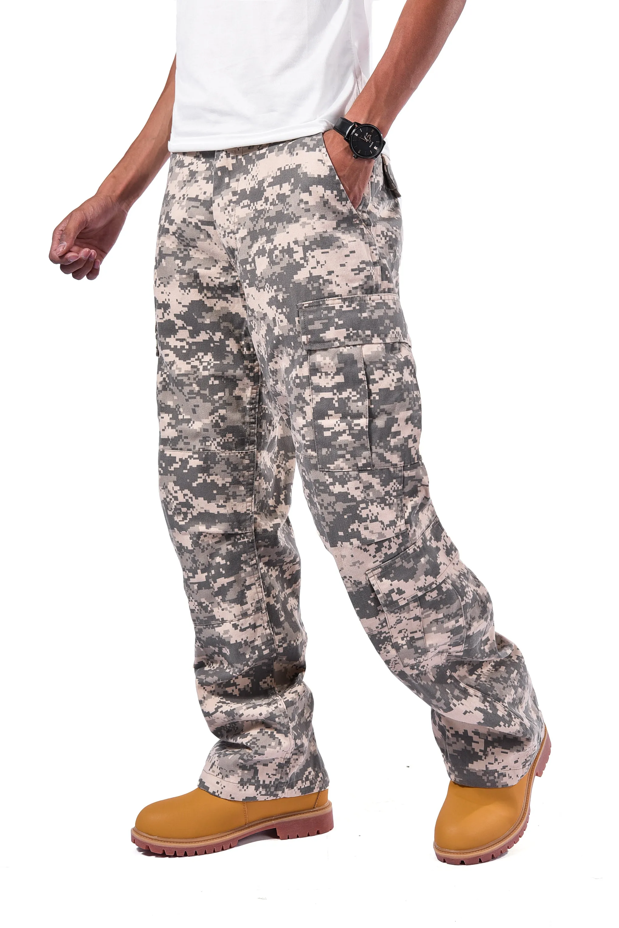 Mens Casual Paratrooper Camouflage Cargo Pants - Stone Washed