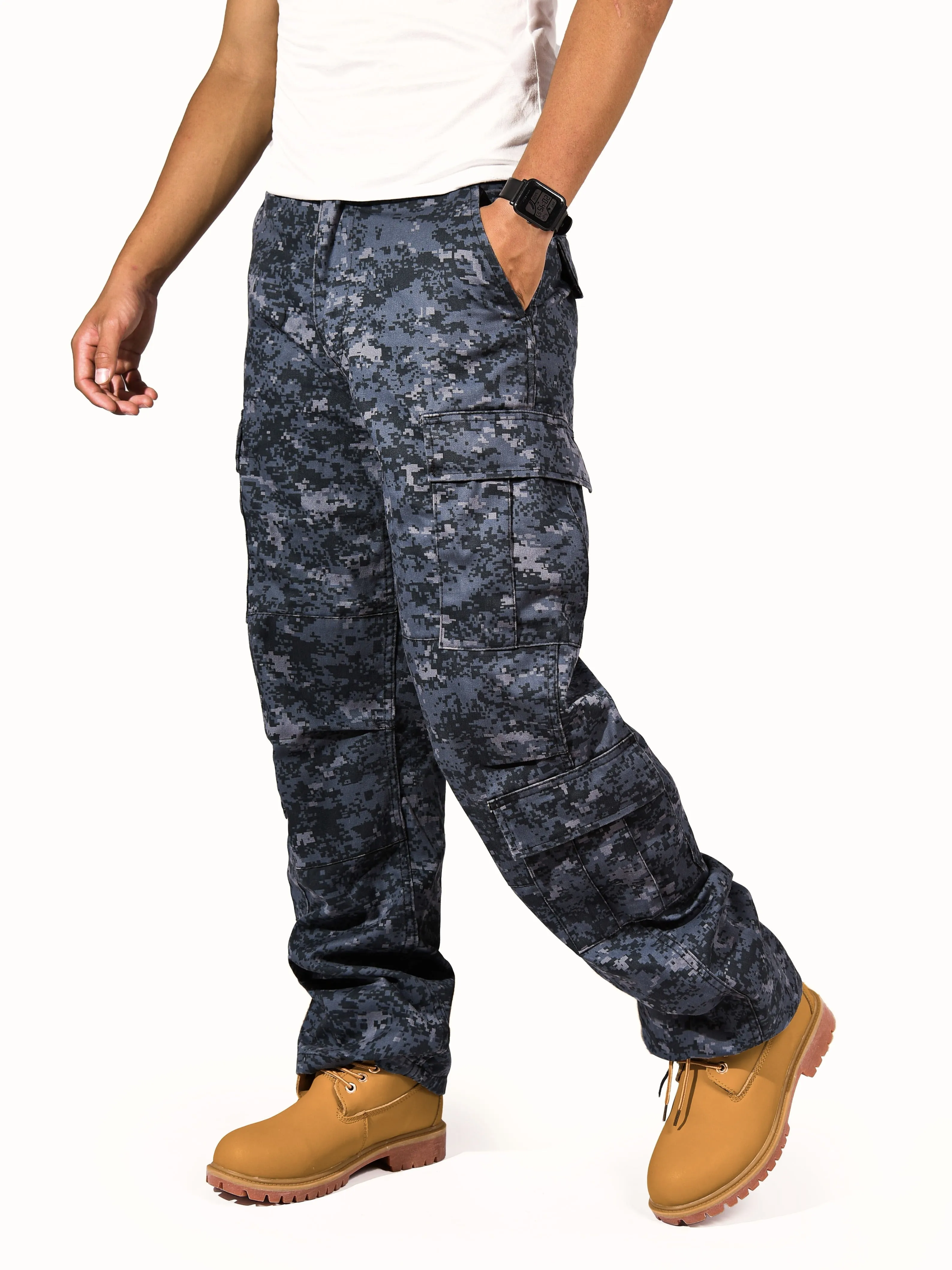 Mens Casual Paratrooper Camouflage Cargo Pants - Stone Washed