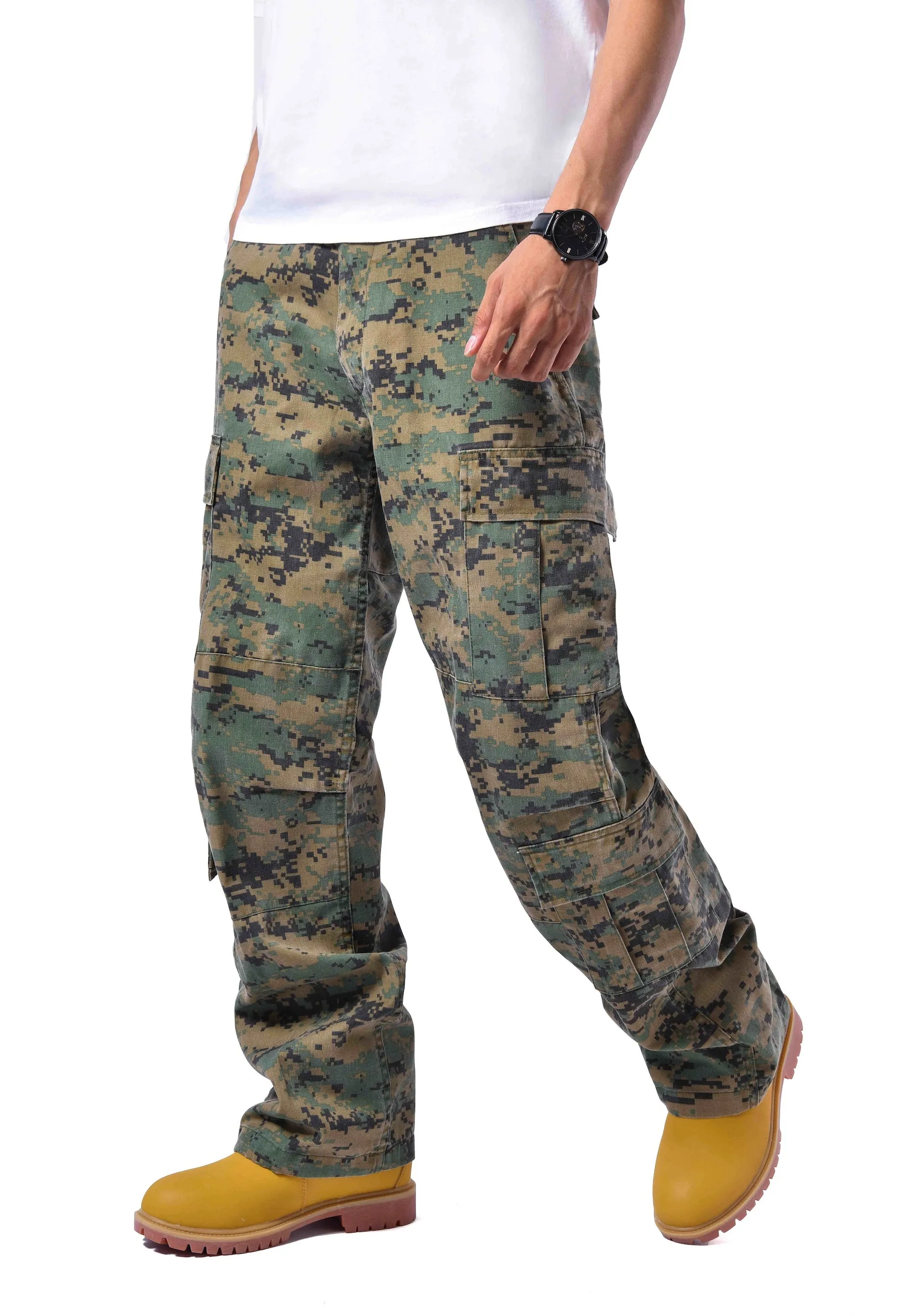Mens Casual Paratrooper Camouflage Cargo Pants - Stone Washed