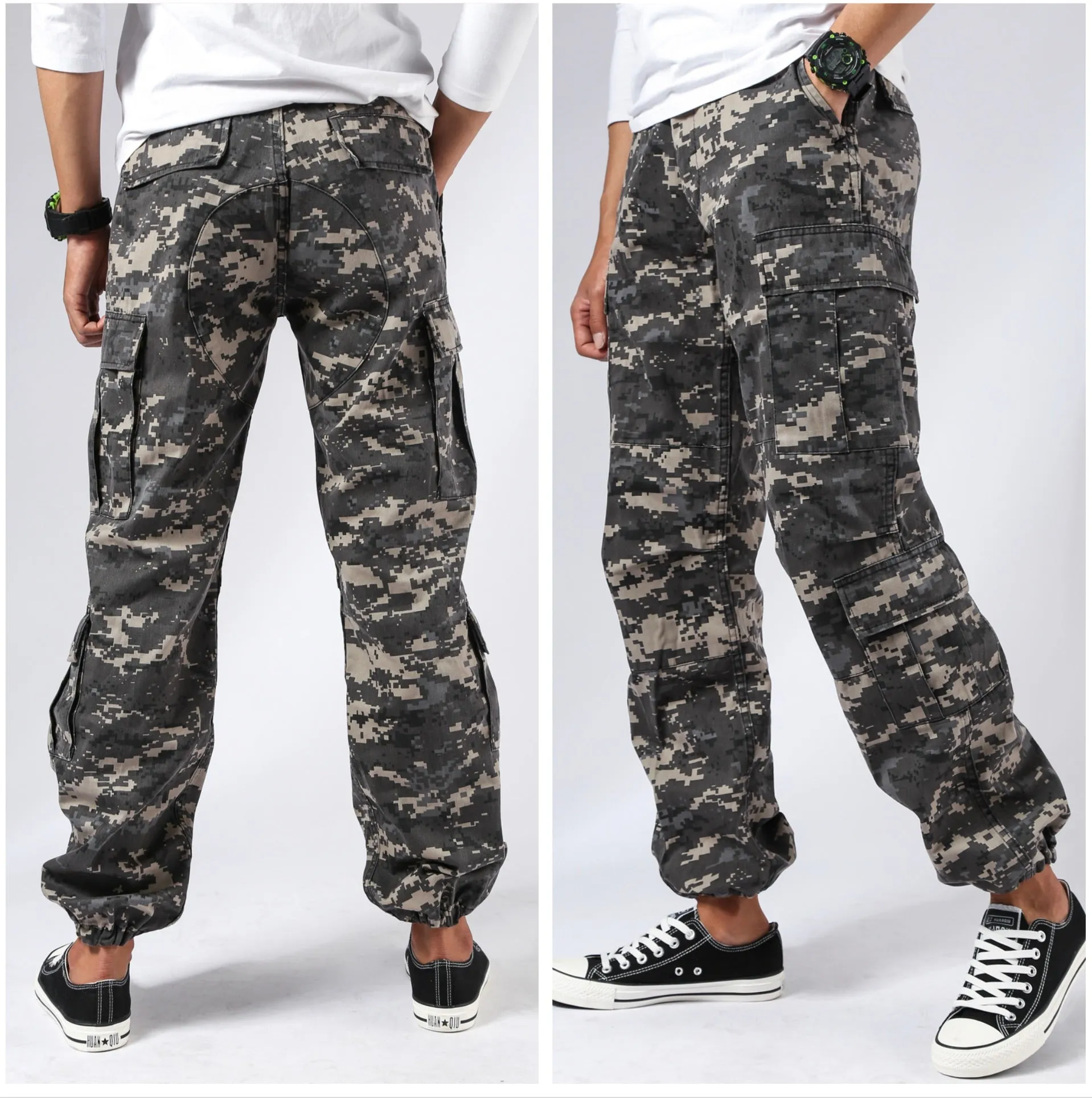 Mens Casual Paratrooper Camouflage Cargo Pants - Stone Washed