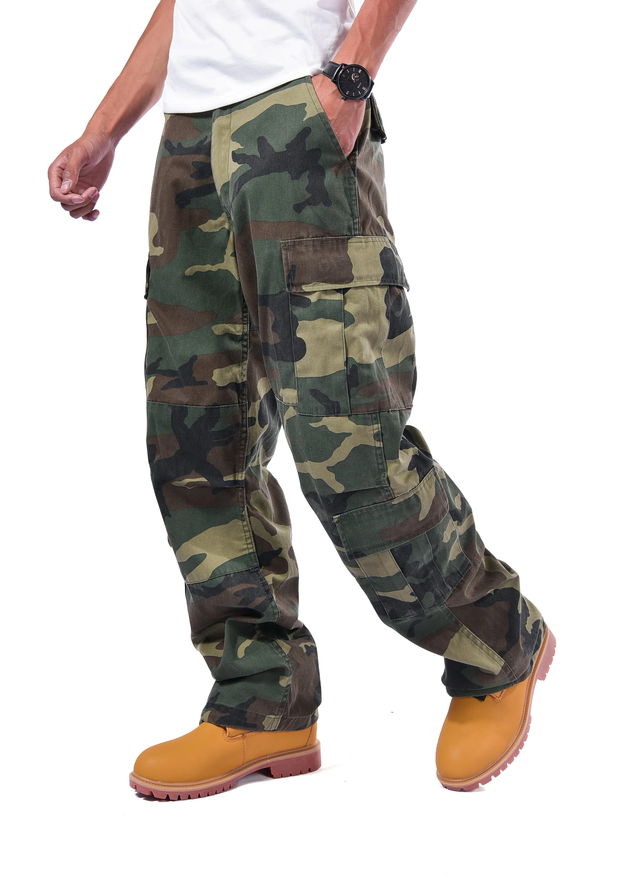 Mens Casual Paratrooper Camouflage Cargo Pants - Stone Washed