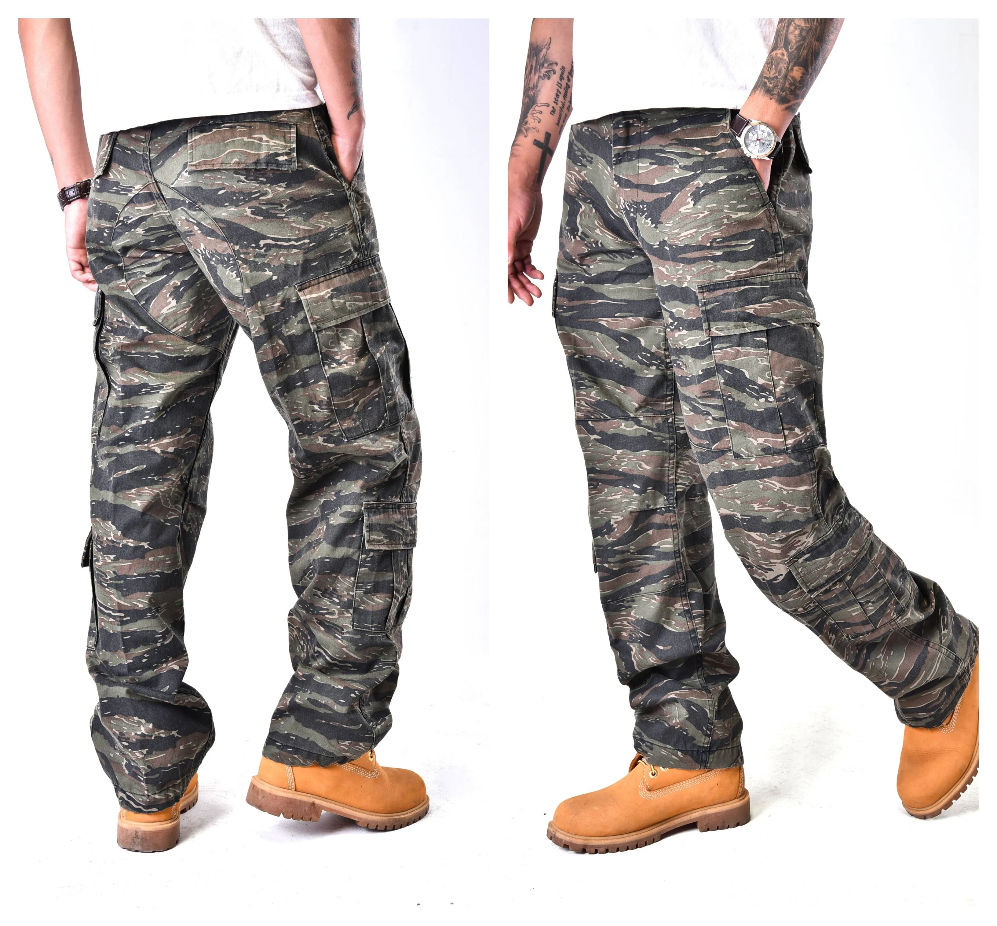 Mens Casual Paratrooper Camouflage Cargo Pants - Stone Washed
