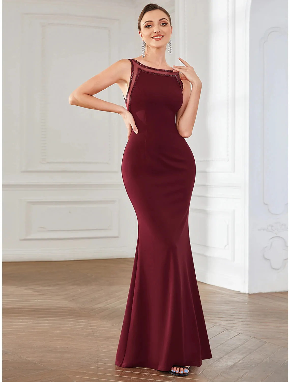 Mermaid / Trumpet Party Dresses Open Back Dress Party Wear Wedding Guest Floor Length Sleeveless Jewel Neck Polyester with Crystals