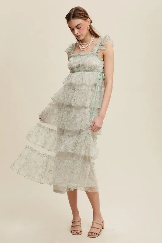 Mint Delicate Floral Embroidered Lace Maxi Dress