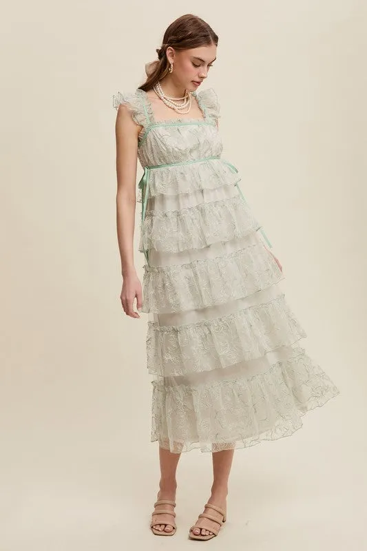 Mint Delicate Floral Embroidered Lace Maxi Dress