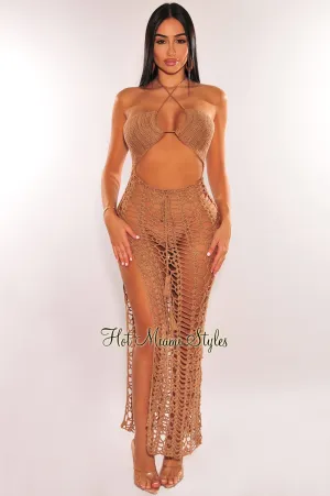 Mocha Crochet Cut Out Criss Cross Halter Open Back Cover Up Dress