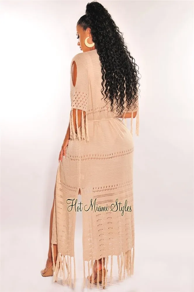 Mocha Crochet Fringe Belted Maxi Cover Up