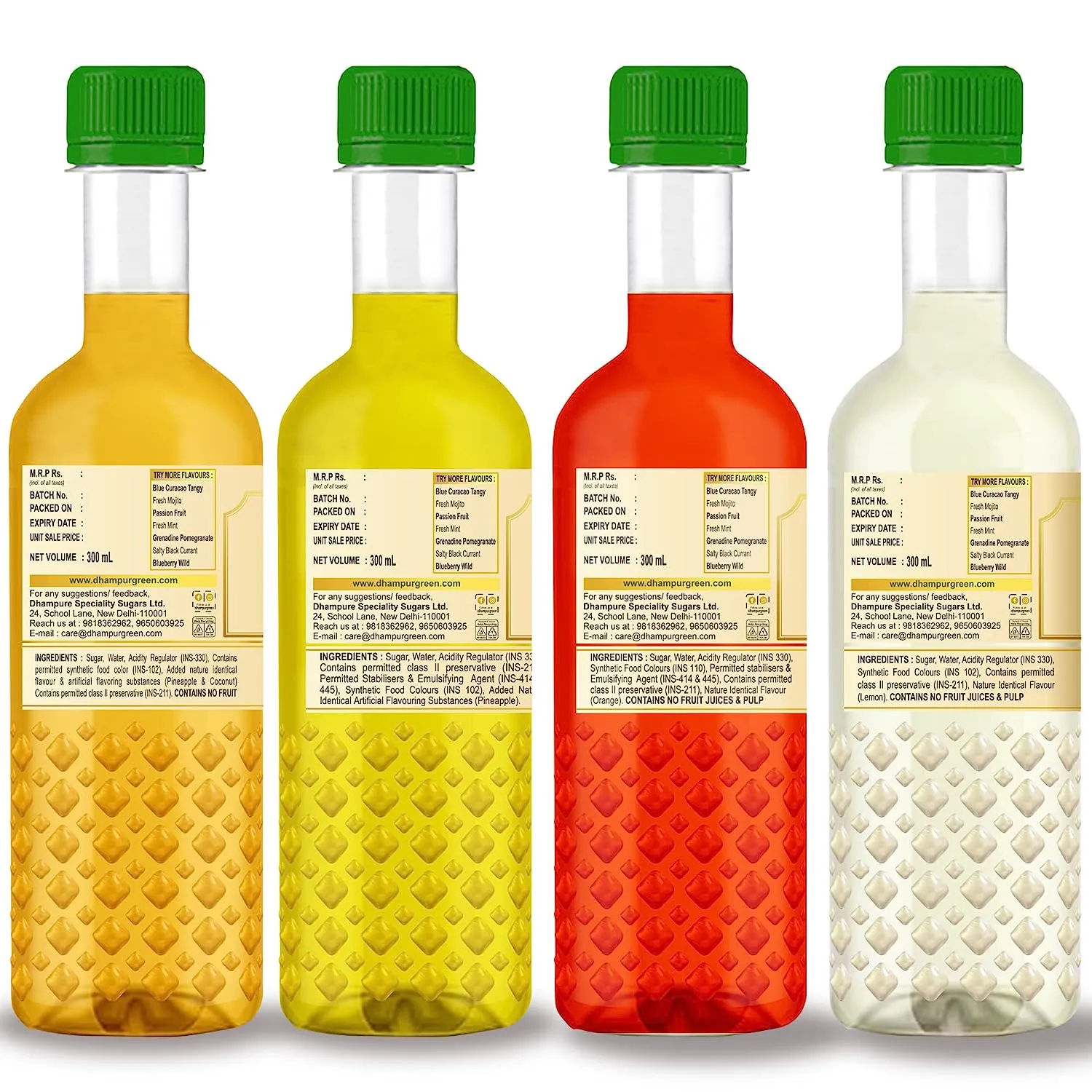 Mocktail Syrups Combo Pack of 4 - Pina Colada, Kerala Pineapple, Tangerine Orange & Mint Lemonade Syrups - (4x300ml)