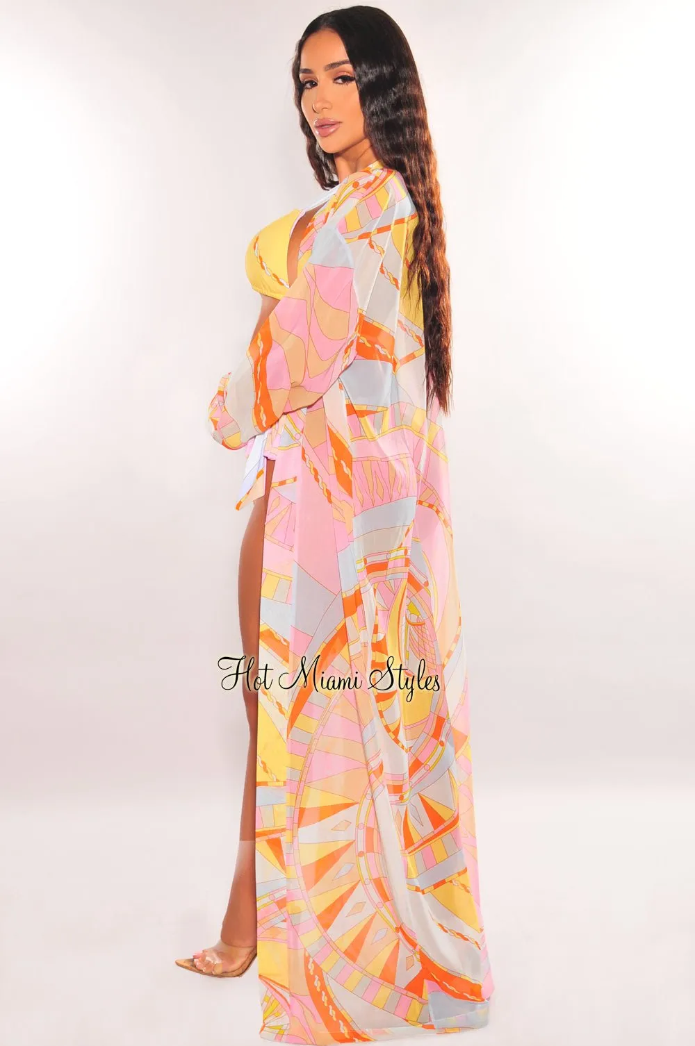Multi Color Print Long Sleeve Maxi Cover Up