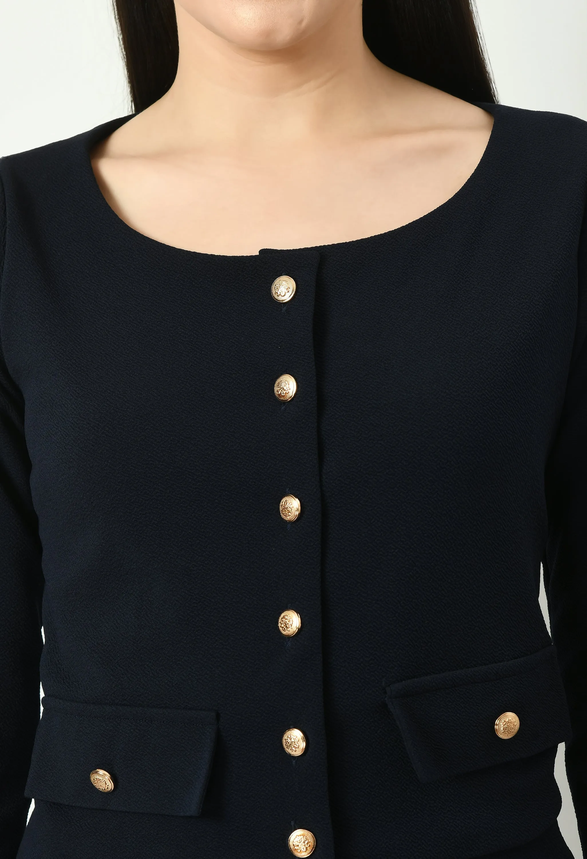 Navy Blue Crop Blazer Top With Front Slit Midi Skirt