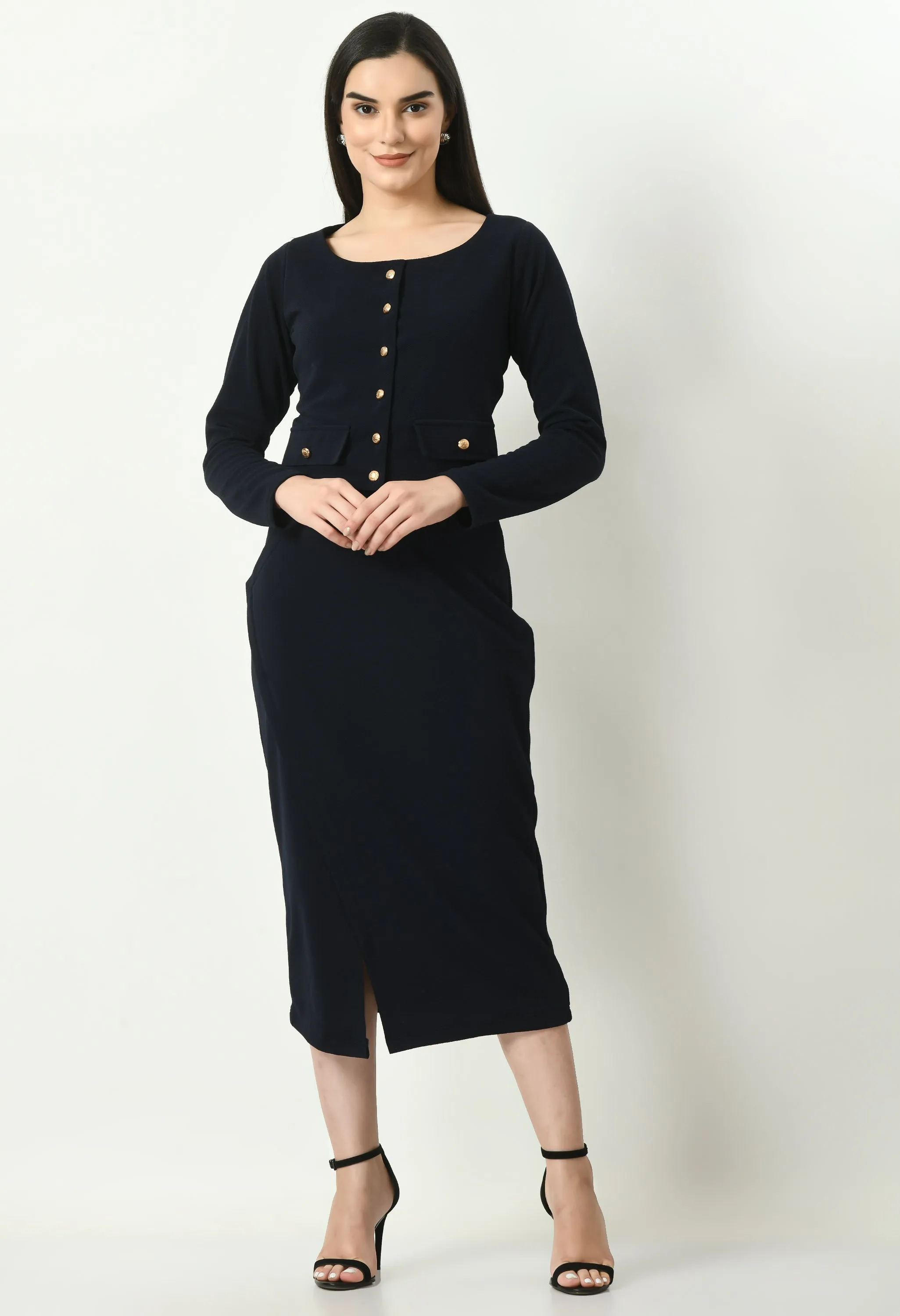 Navy Blue Crop Blazer Top With Front Slit Midi Skirt