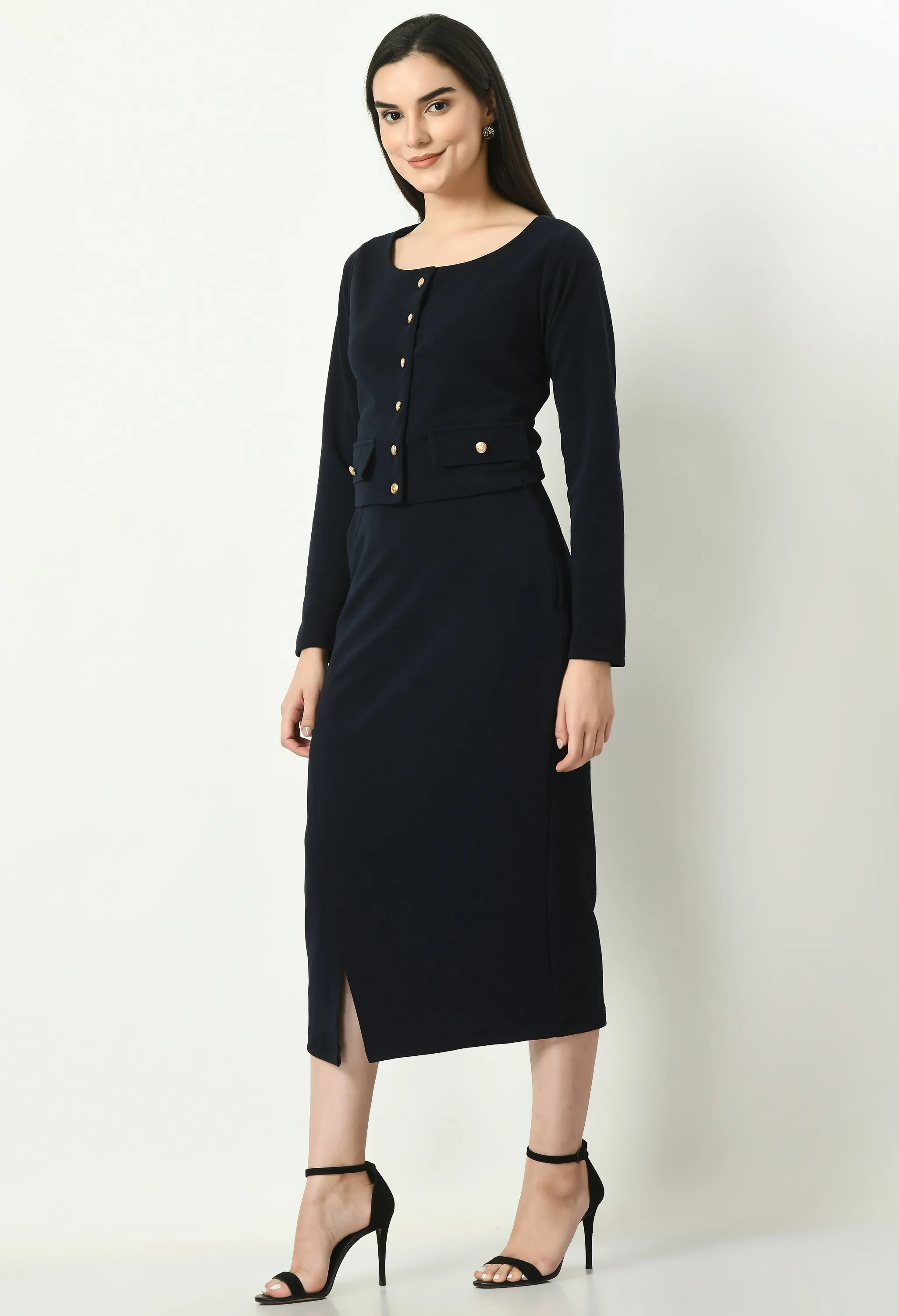 Navy Blue Crop Blazer Top With Front Slit Midi Skirt