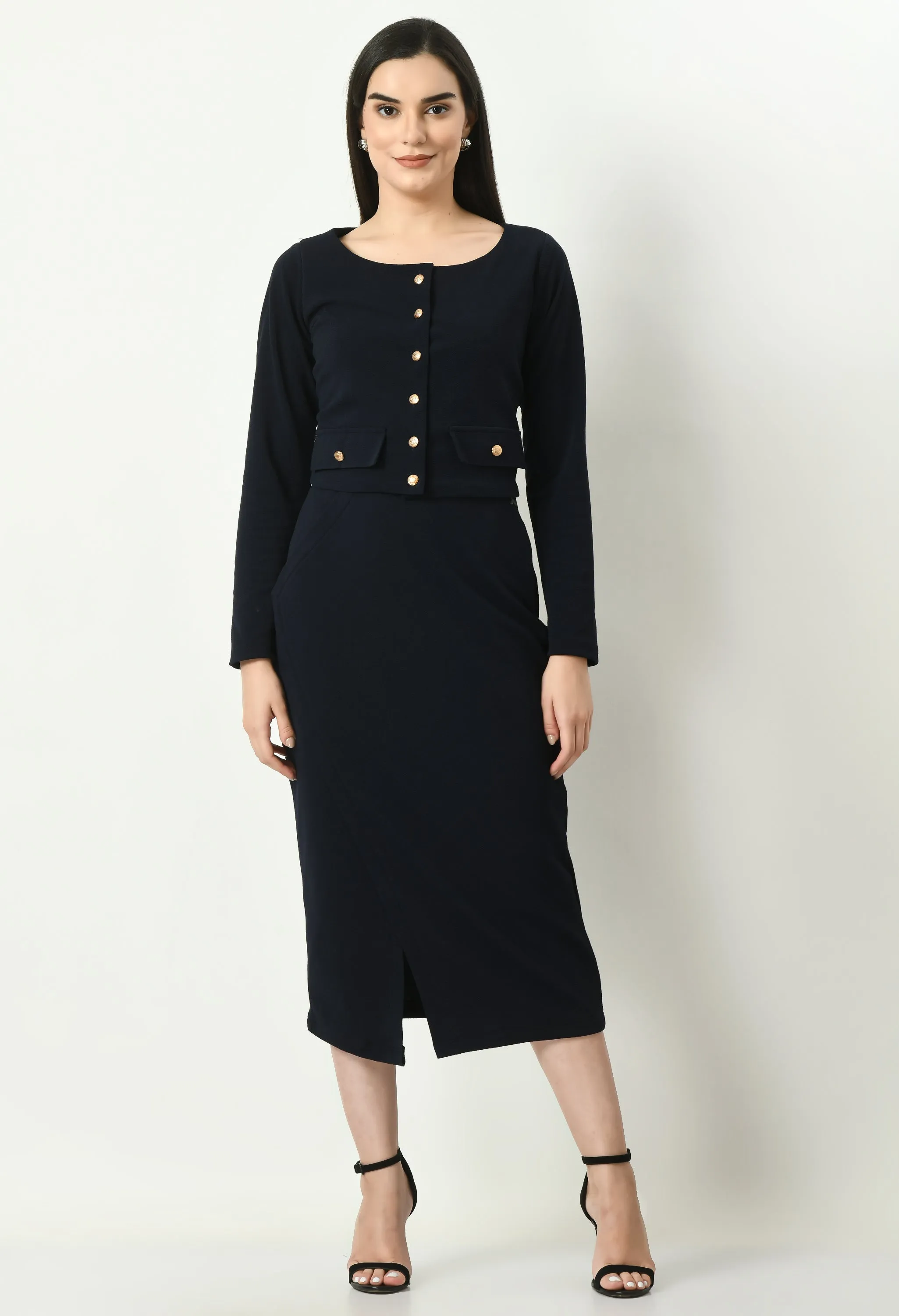 Navy Blue Crop Blazer Top With Front Slit Midi Skirt