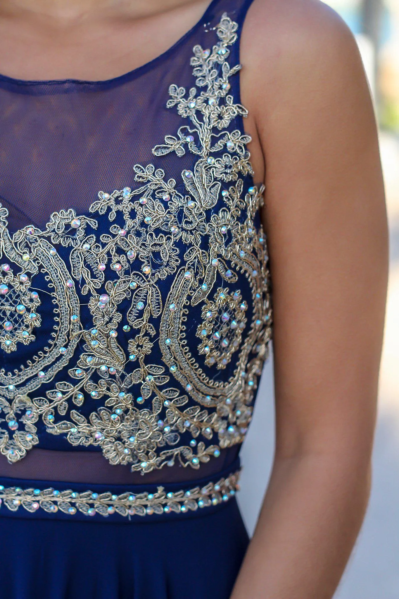 Navy Maxi Dress with Gold Embroidered Top