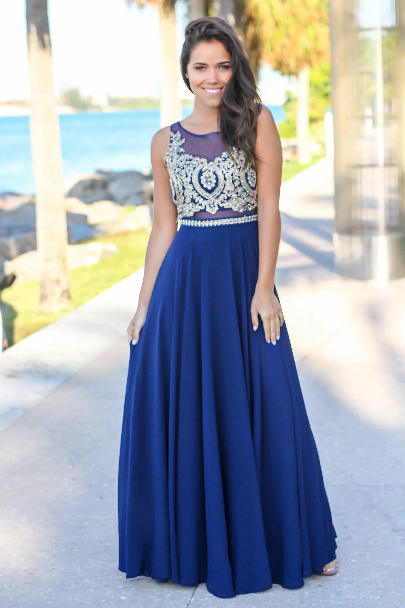 Navy Maxi Dress with Gold Embroidered Top