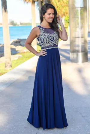Navy Maxi Dress with Gold Embroidered Top