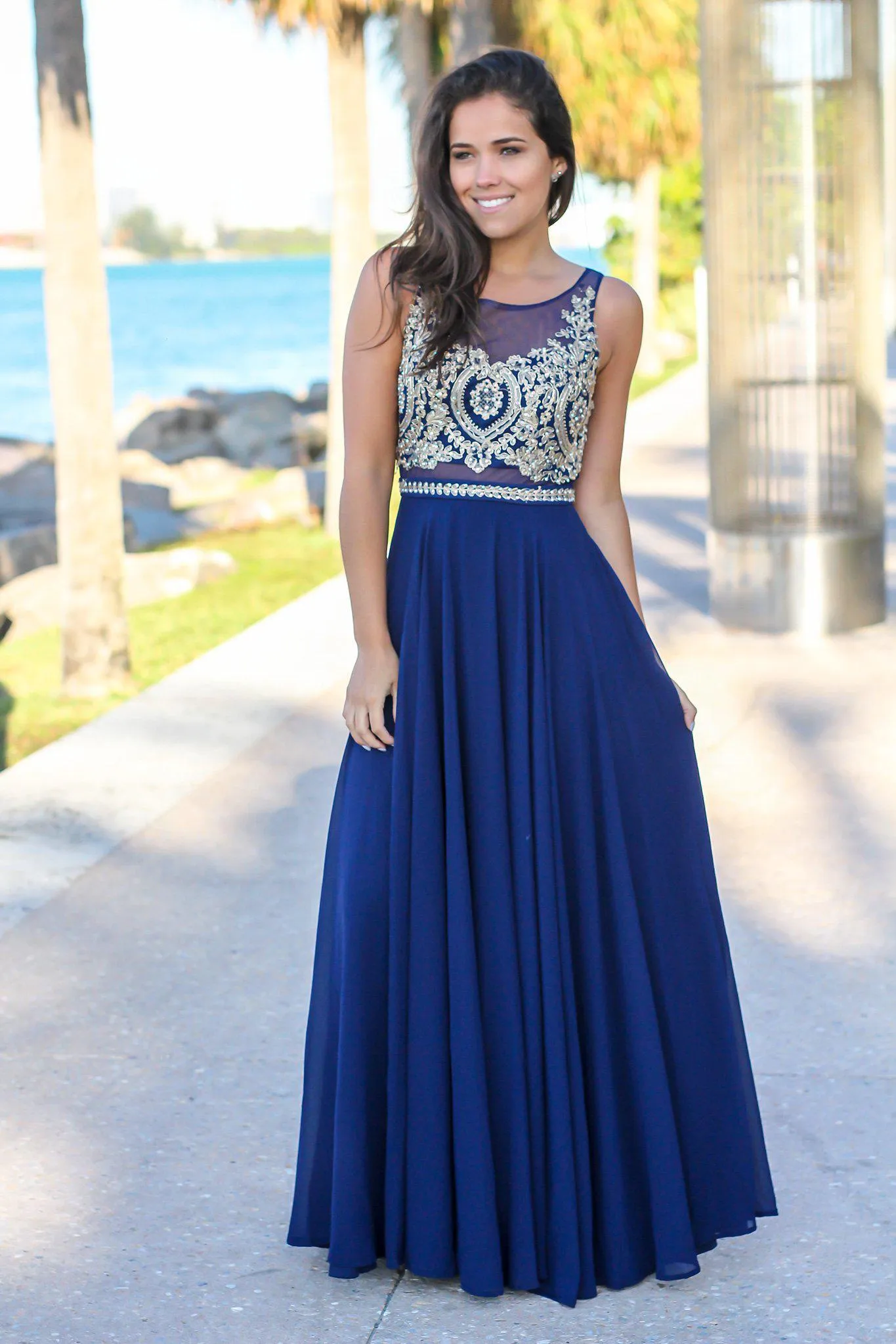 Navy Maxi Dress with Gold Embroidered Top