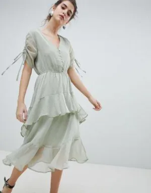 Neon Rose Midi Tea Dress With Ruffle Layer In Ditsy Spot