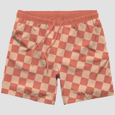 New - Men's Checked Swim Shorts - Coral Orange XXL