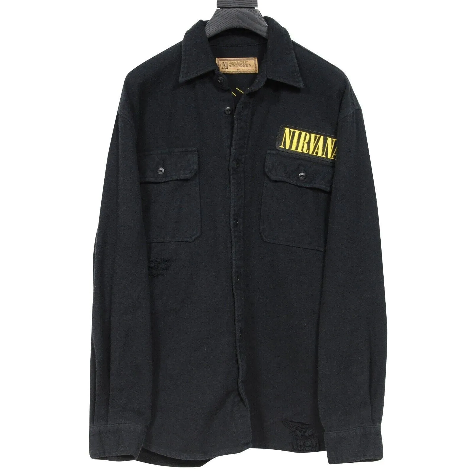 Nirvana Button Down Shirt Black Yellow Distressed Overshirt Jacket