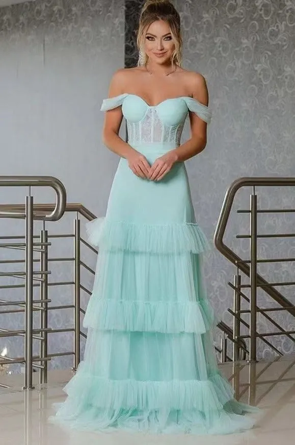 Off Shoulder Prom Dresses Tiered Tulle Corset