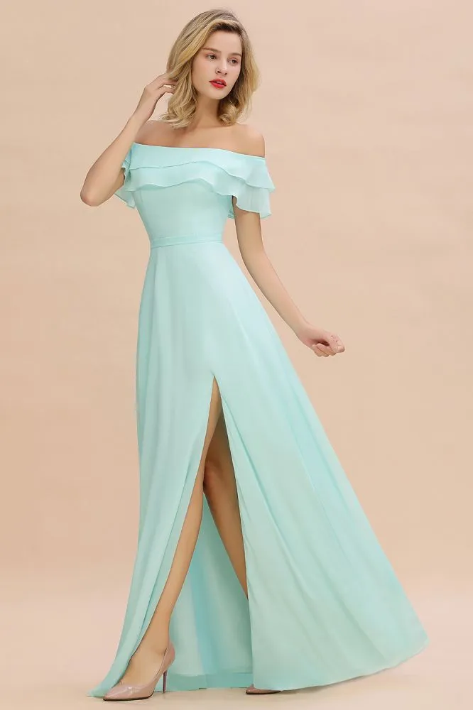 Off the Shoulder Mini-Green Front Slit Bridesmaid Dress Aline Beach Wedding Dress