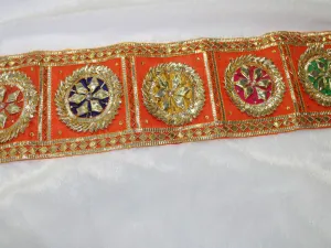 Orange Pink Geometric Gota Trim Embroidered Border