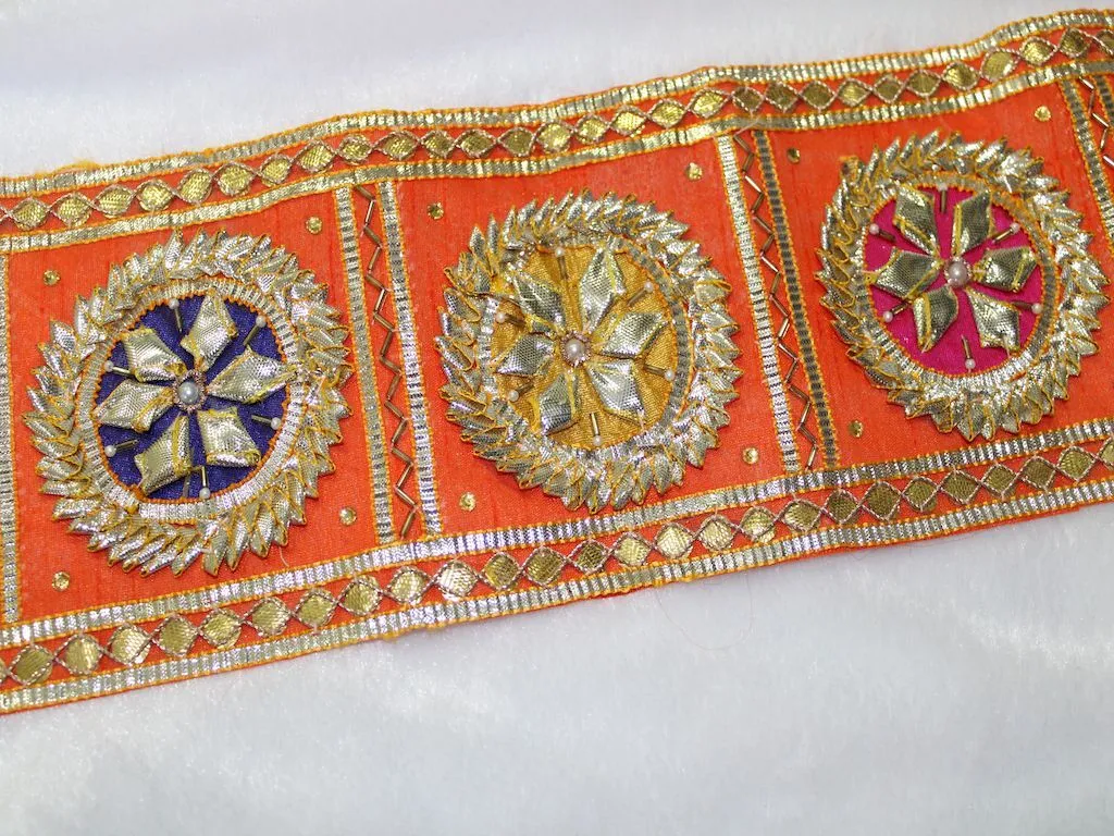 Orange Pink Geometric Gota Trim Embroidered Border