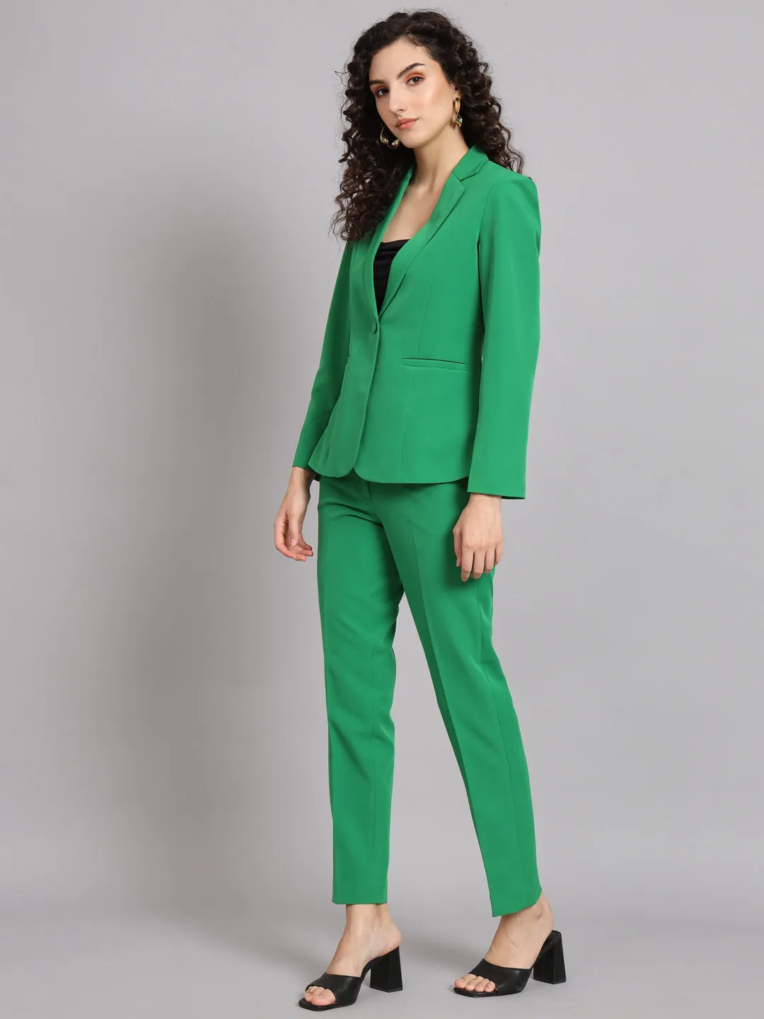 Parrot Green Polyester Notch Collar Stretch Pant Suit