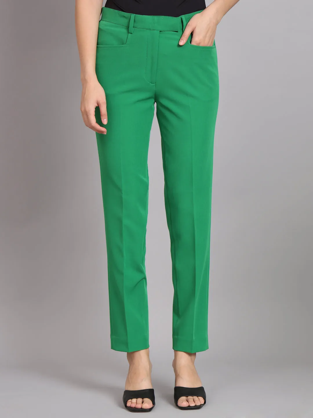 Parrot Green Polyester Notch Collar Stretch Pant Suit