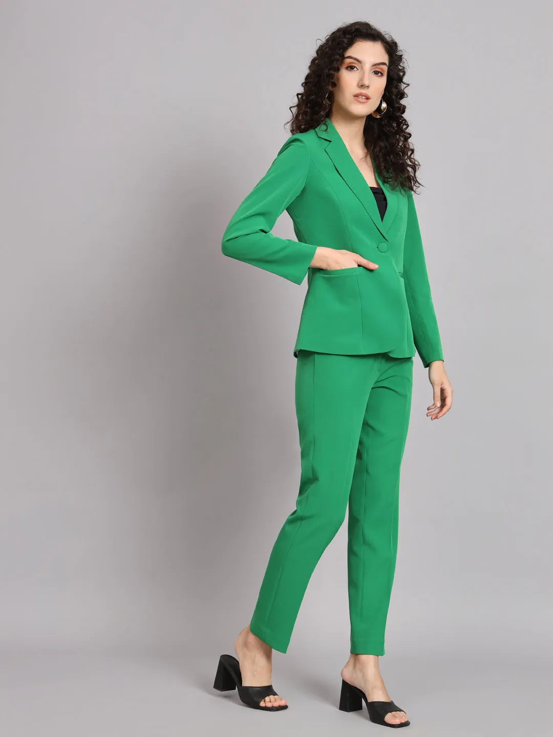 Parrot Green Polyester Notch Collar Stretch Pant Suit