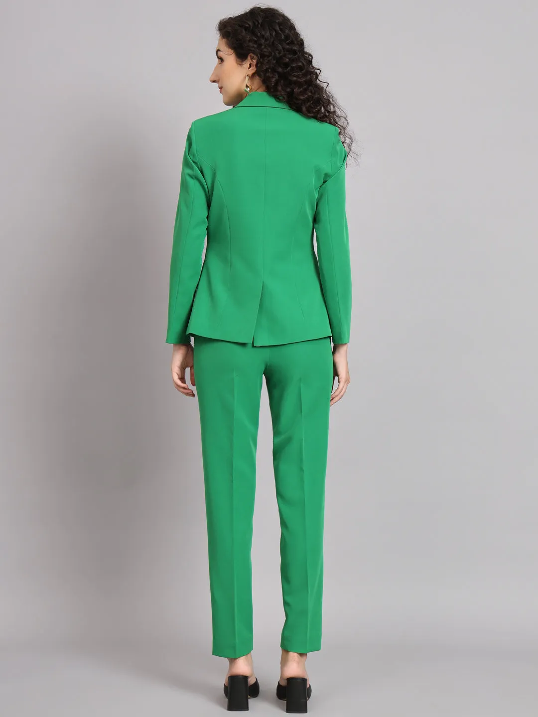 Parrot Green Polyester Notch Collar Stretch Pant Suit
