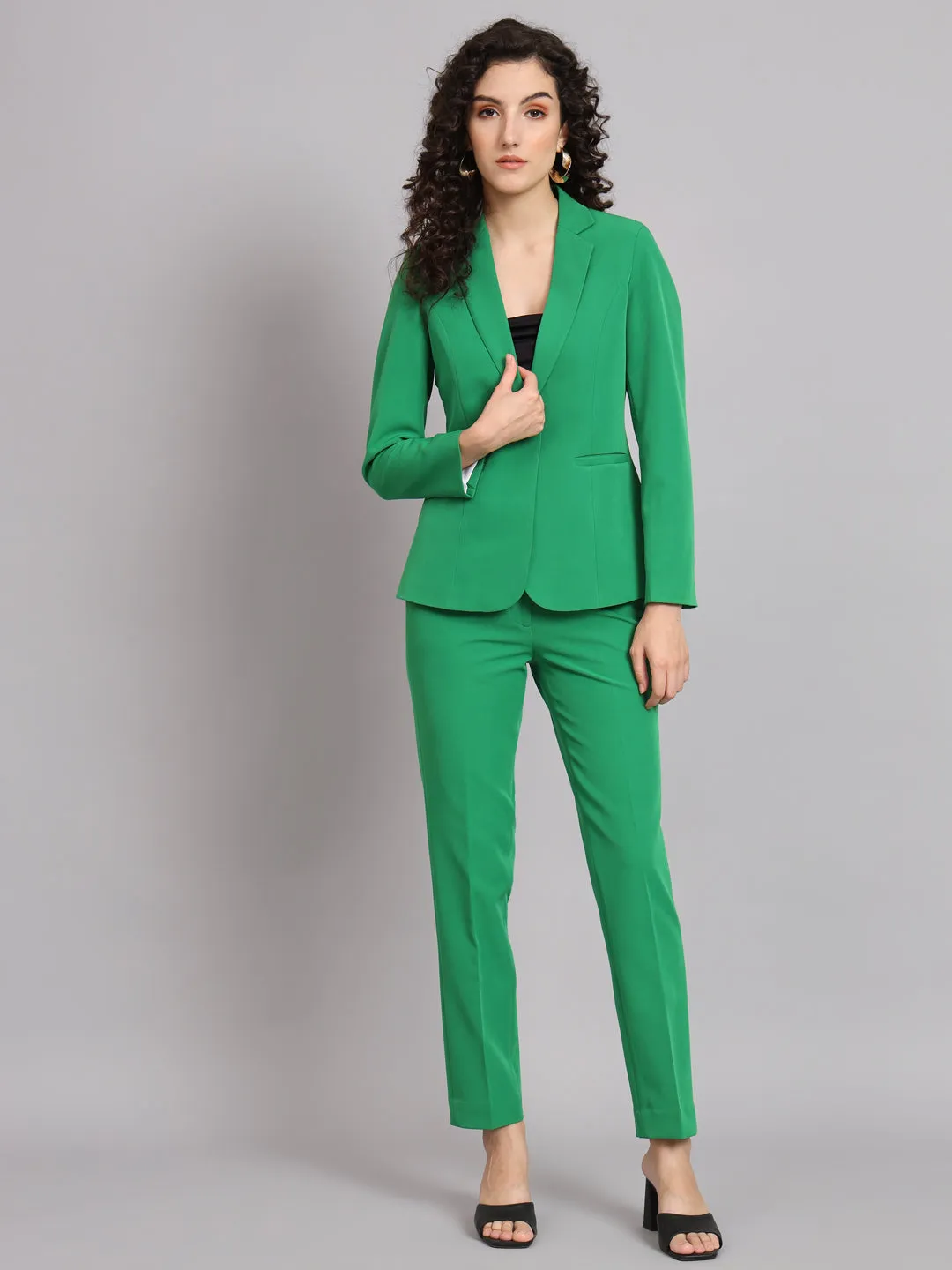 Parrot Green Polyester Notch Collar Stretch Pant Suit