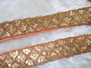 Peach Fancy Sequins Trim Embroidered Lace Border