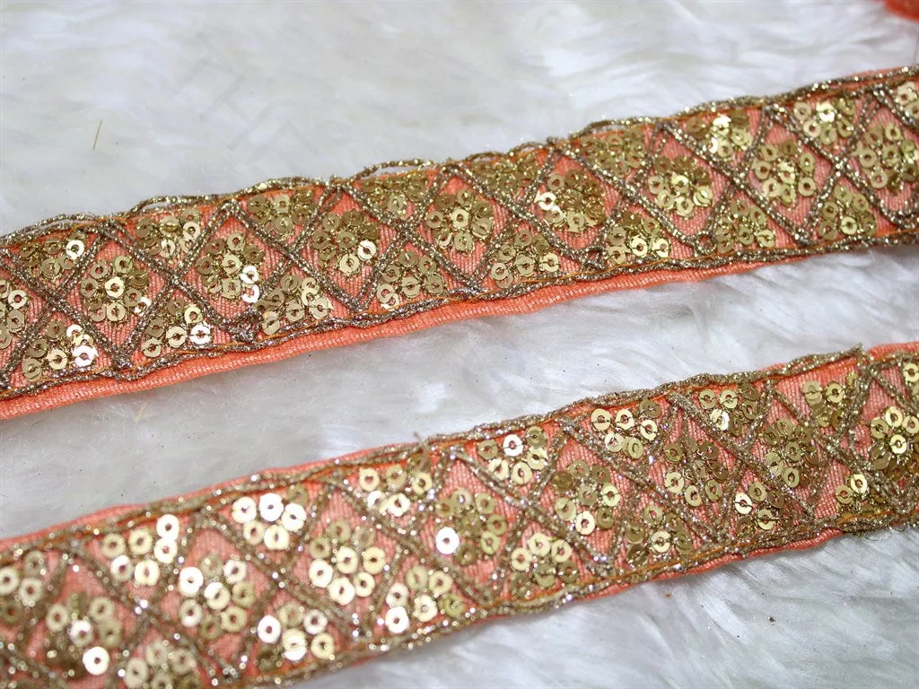 Peach Fancy Sequins Trim Embroidered Lace Border