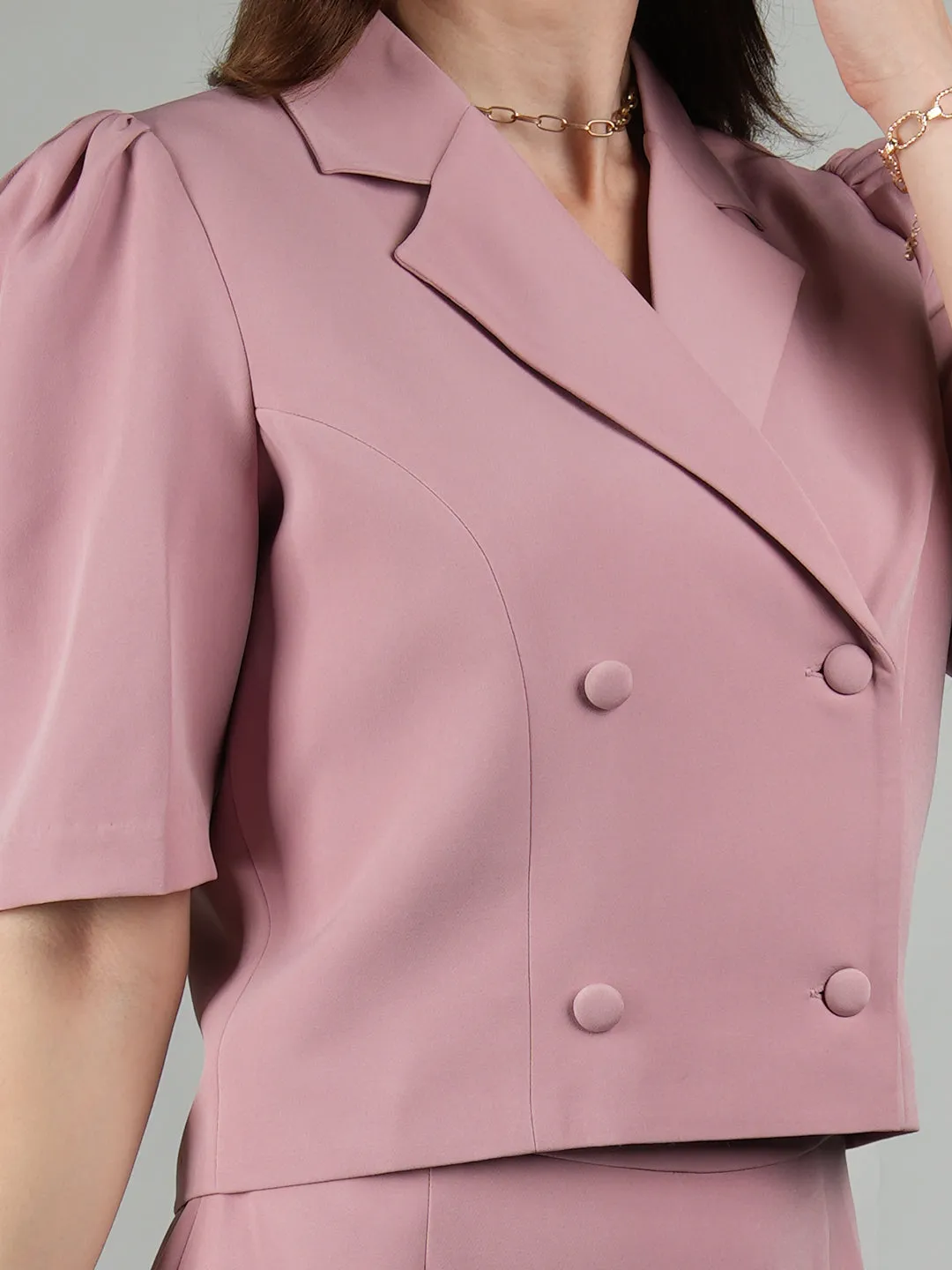 Pink Blended Fabric Sunbeam Blazer Top With Skirt