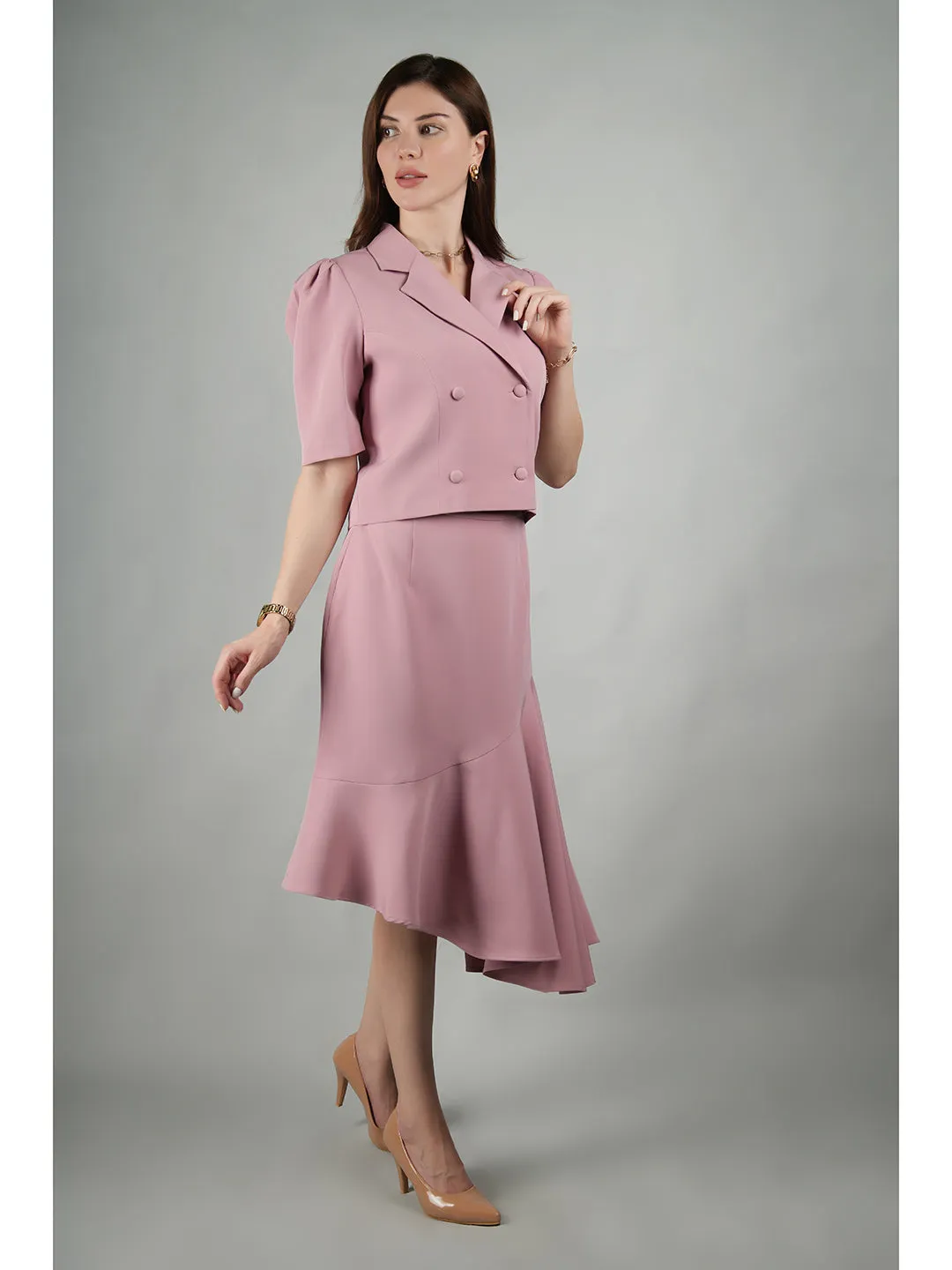 Pink Blended Fabric Sunbeam Blazer Top With Skirt