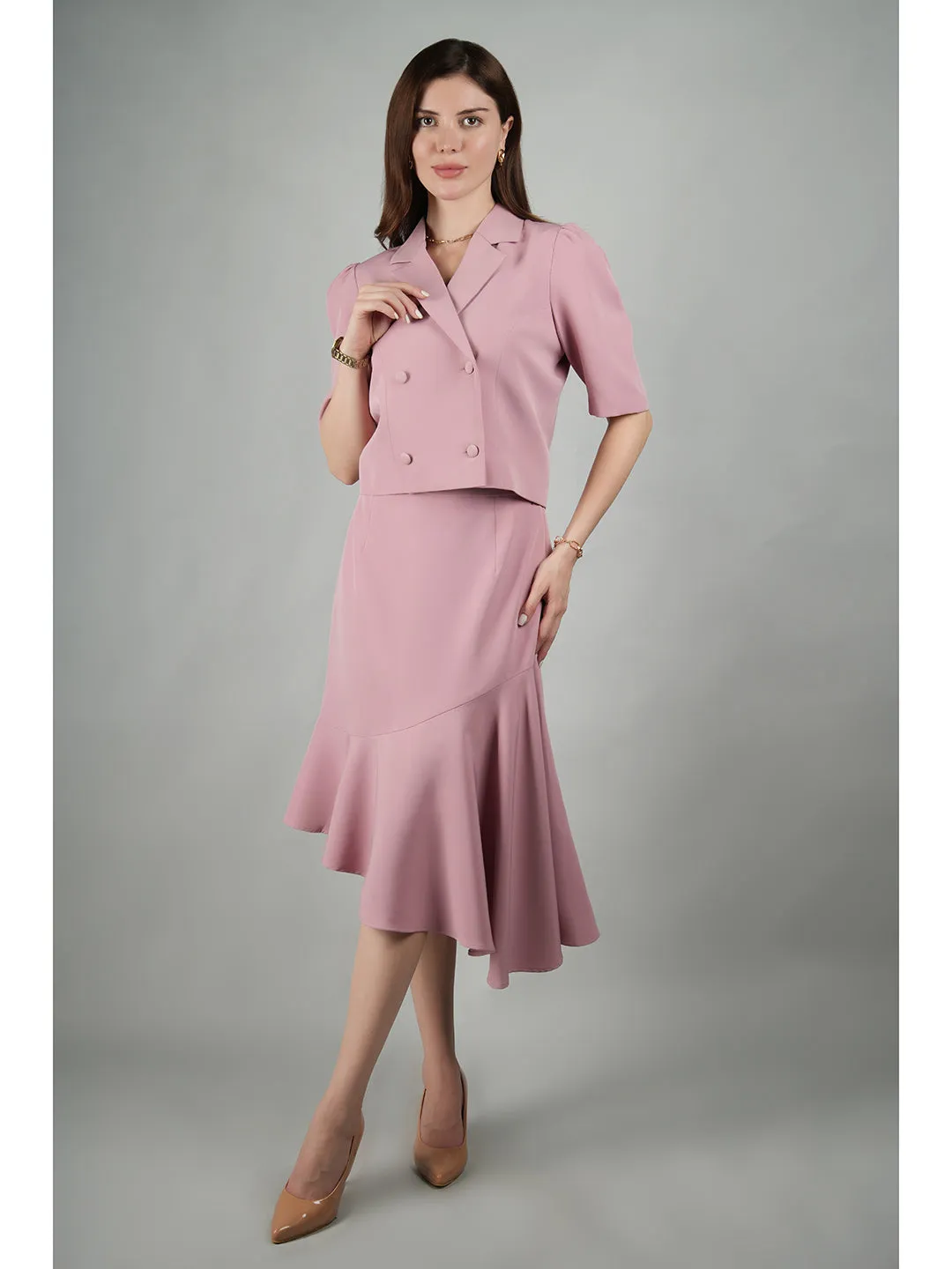 Pink Blended Fabric Sunbeam Blazer Top With Skirt