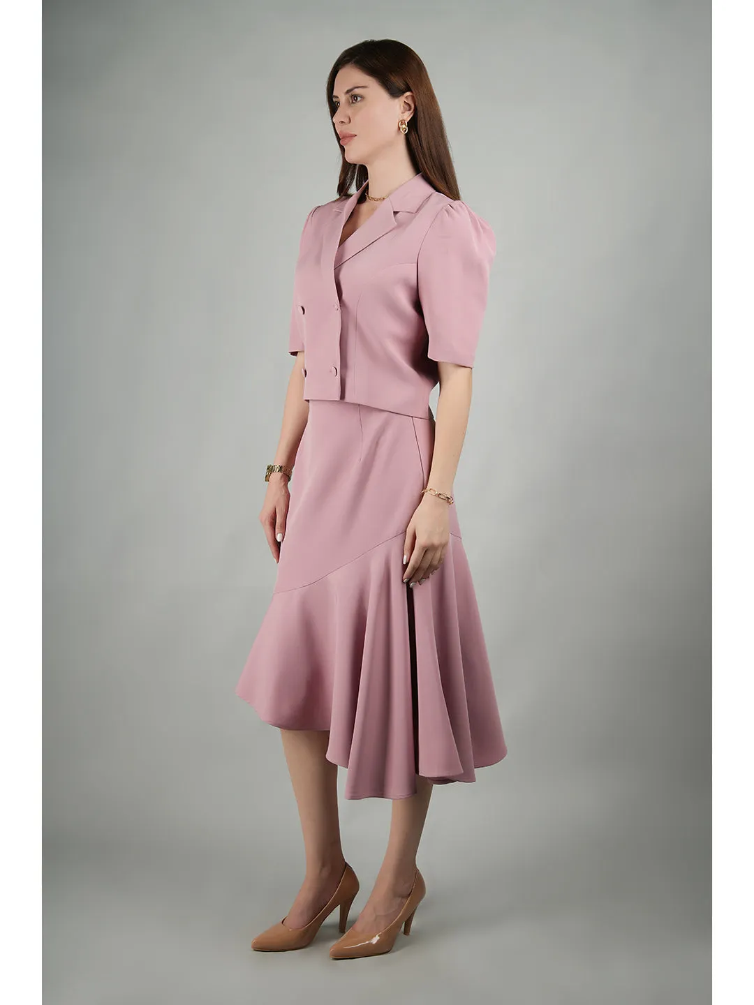 Pink Blended Fabric Sunbeam Blazer Top With Skirt