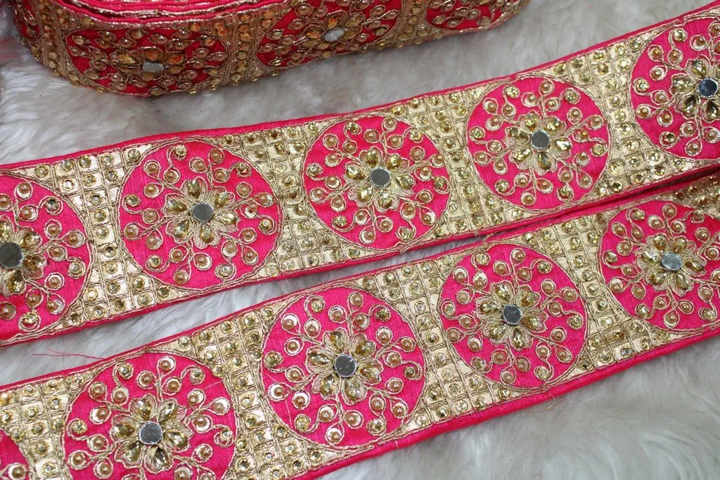 Pink Thread and Stone Work Embroidered Border
