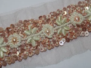 Pink White Sequins and Pearl Handwork Embroidered Border