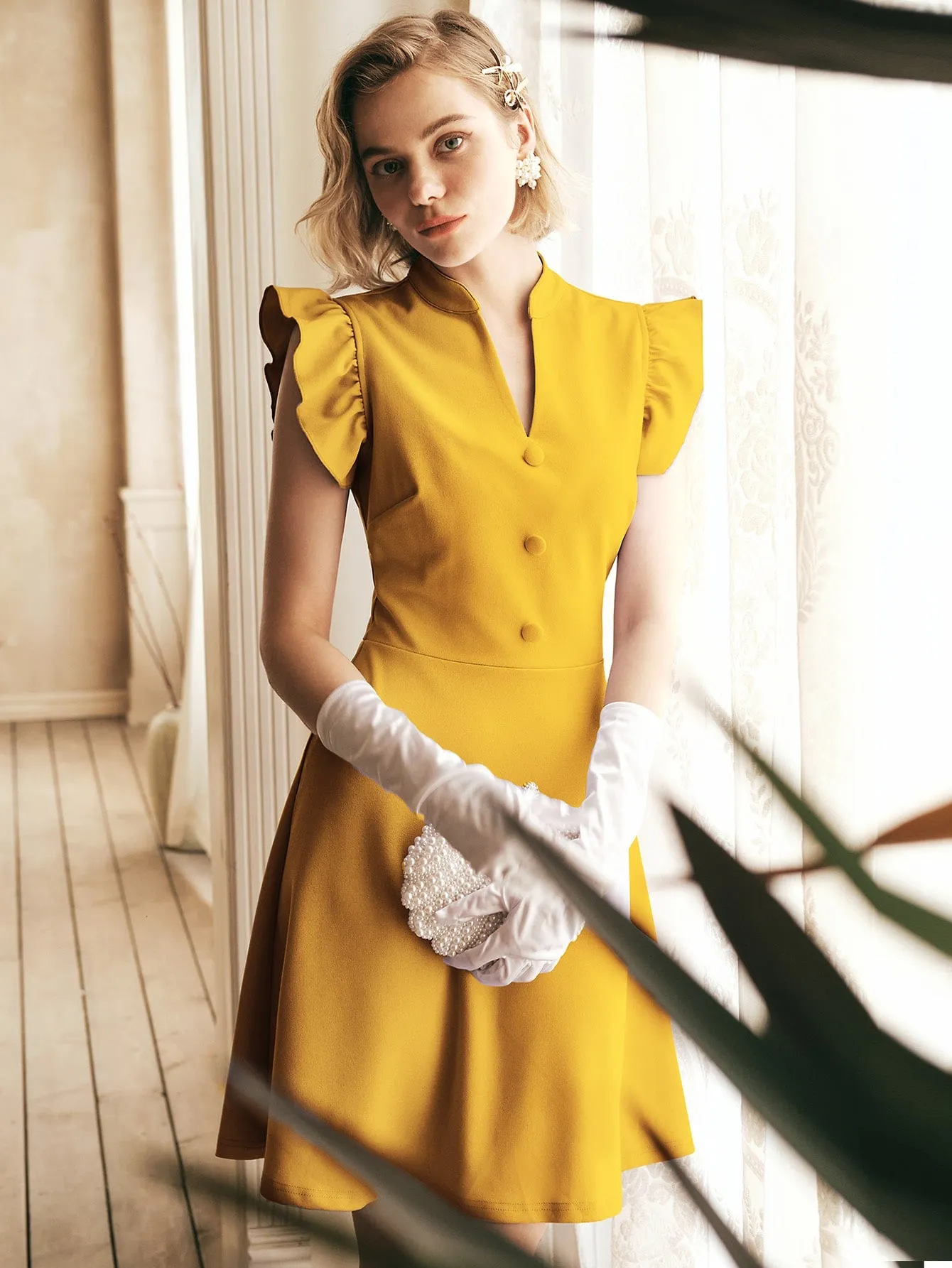 Plain Button Front Cap Sleeve Notched Flared High Waist Short Dress