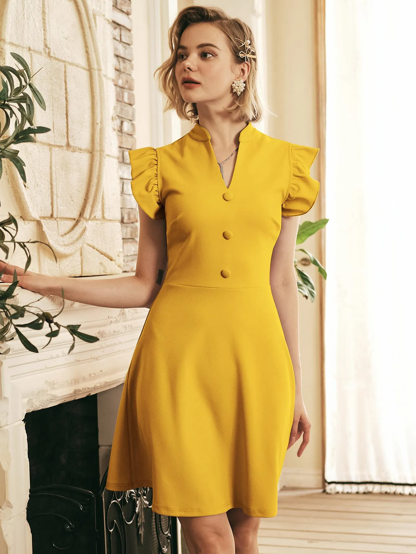 Plain Button Front Cap Sleeve Notched Flared High Waist Short Dress