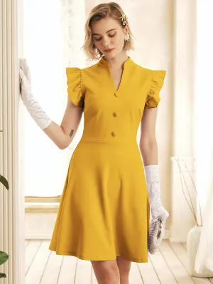 Plain Button Front Cap Sleeve Notched Flared High Waist Short Dress