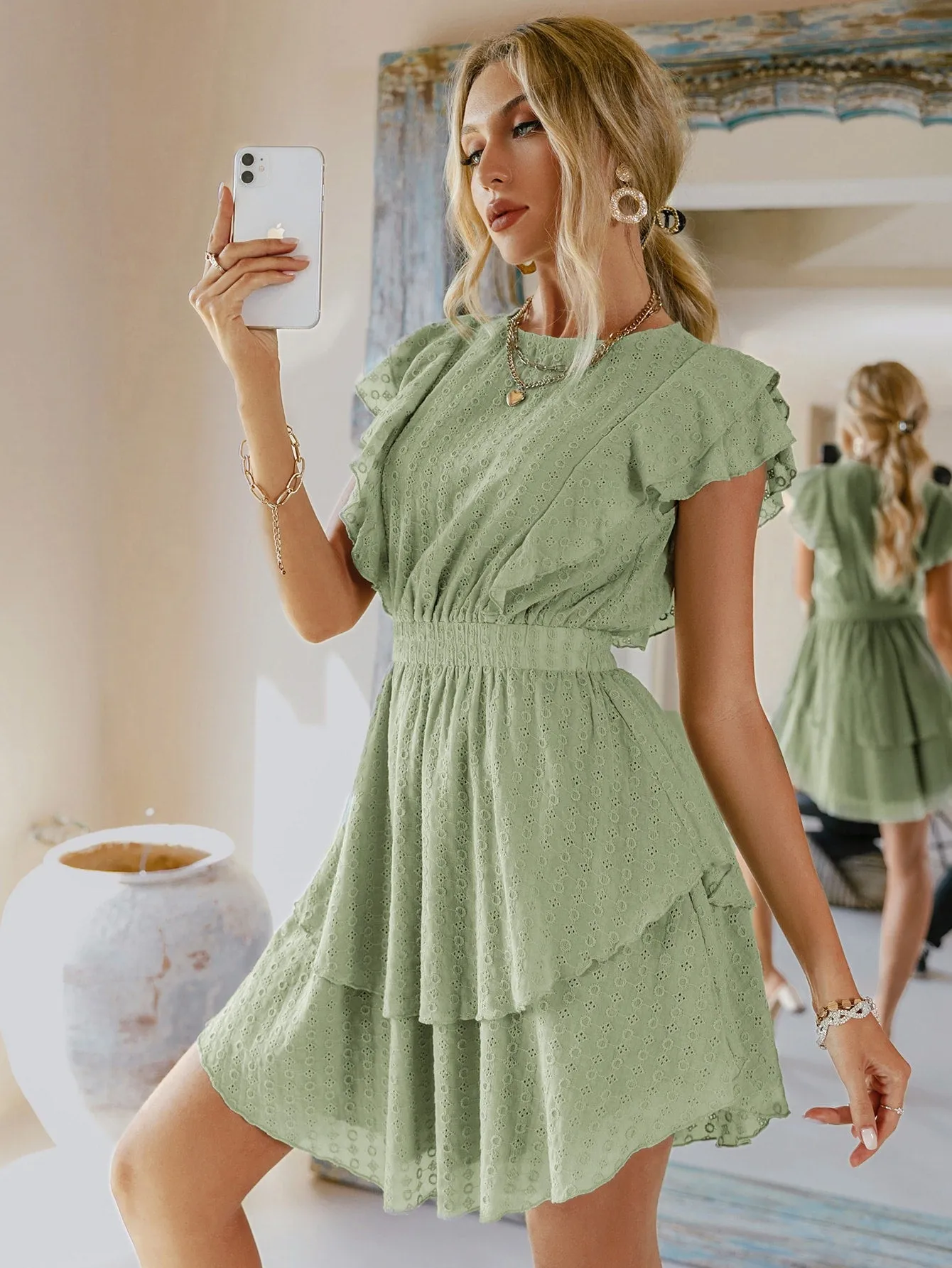 Plain Eyelet Embroidery Cap Sleeve Round Neck Layered/Tiered High Waist Short Dress